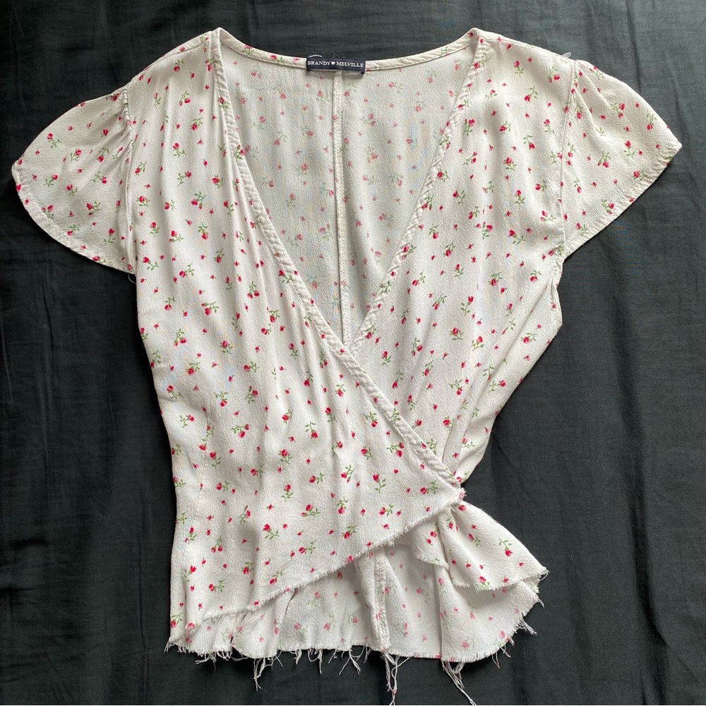 Brandy Melville White Wrap Top with Pink Floral Print